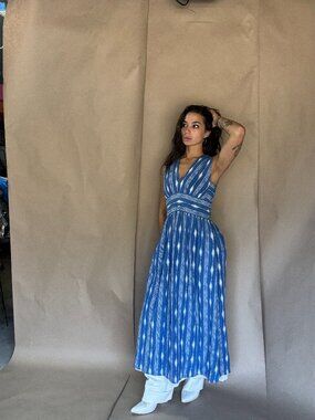 Y2K Tank Dress (M) medium blue white vintage maxi cotton silk linen boho cute